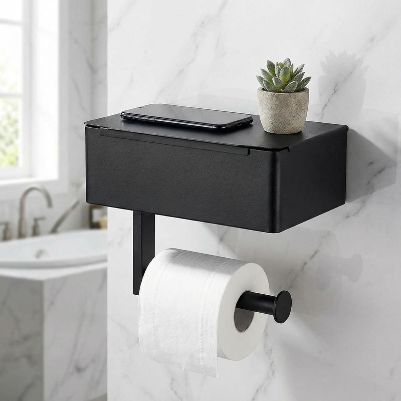 Black Toilet Paper Holder with Storage, Wall Mount Bathroom Tissue & Wipes Holder with Shelf, 2 Installation Methods (No-Drill/Drill), Includes Installation Instructions