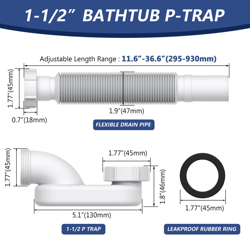 Xendywasher Low Profile P Trap for Freestanding Tub Drain, 1-1/2 Inch Flexible Bathtub Drain Pipe Kit, Expandable & Bendable Waste Pipe for Tight Spaces, RV Shower and Tub Drain Assembly Replacement Polypropylene White