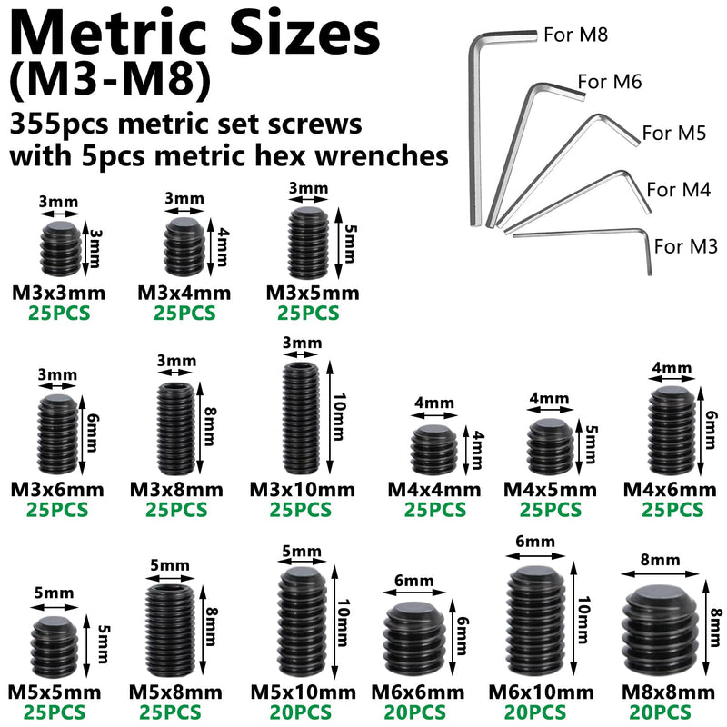 360PCS 15 Metric Sizes Set Screw Assortment Kit, Hex Socket Head Cup Point Set Screws 12.9 Class Alloy Steel Grub Screw, Internal Hex Drive Cup-Point Screw (M3-M8) Black 360PCS
