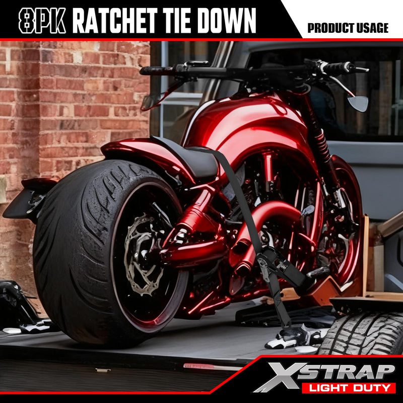 XSTRAP STANDARD Ratchet Tie Down Straps 8PK 1'' x 10 ft - 900 LB Break Strength Cargo Straps for Moving Appliances, Lawn Equipment, Motorcycle (Black) 8pk 1inchx10ft Black