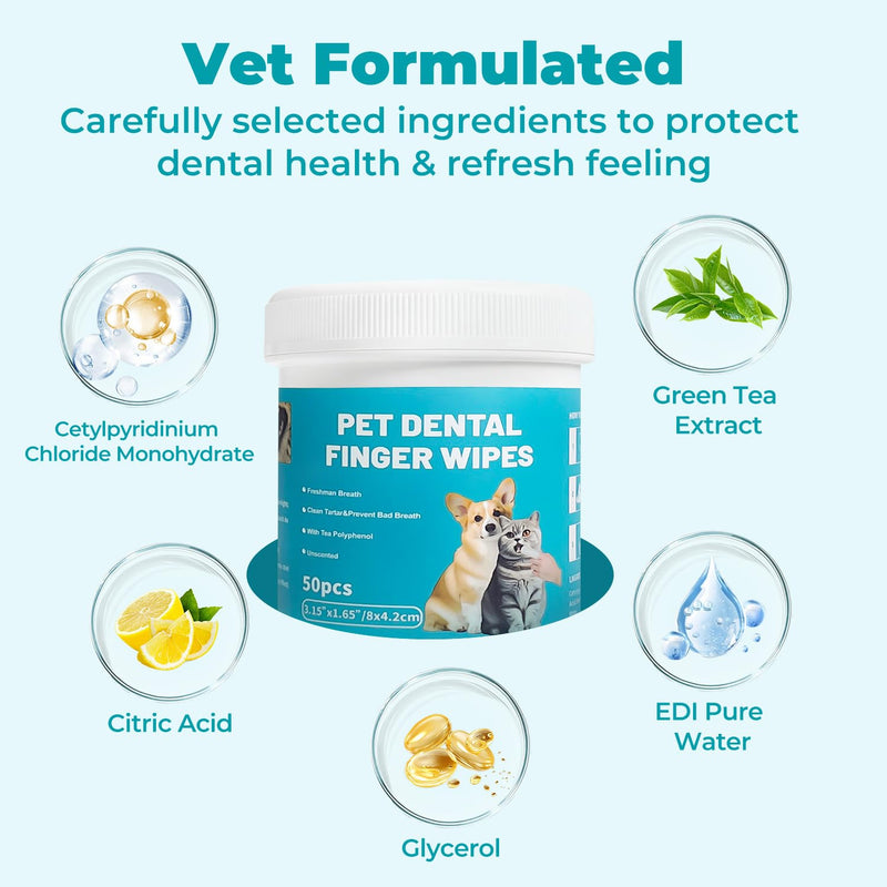 Pet Teeth Cleaning Finger Wipes for Cats and Dogs, Unscented Tartar Control with Tea Polyphenol, Fresh Breath, 50 Count Dental Finger Wipes - 50Counts
