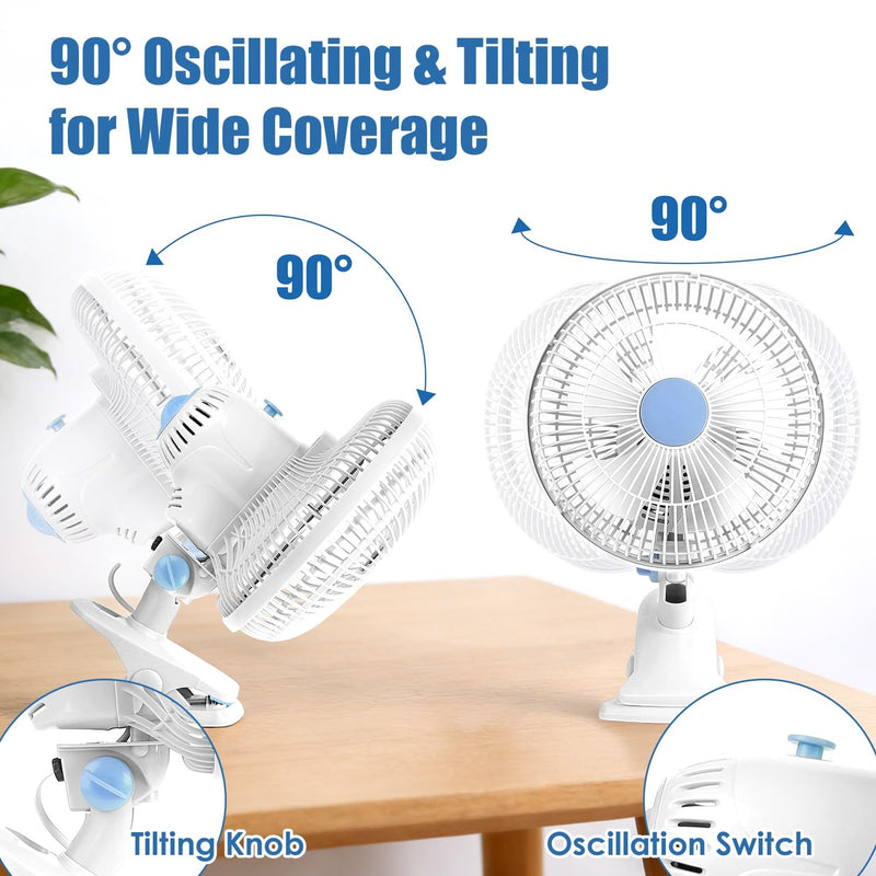 Clip On Fan, AC 110V 8.66inch Adjustable Clip Table Fan, Quiet Clamp Fan White