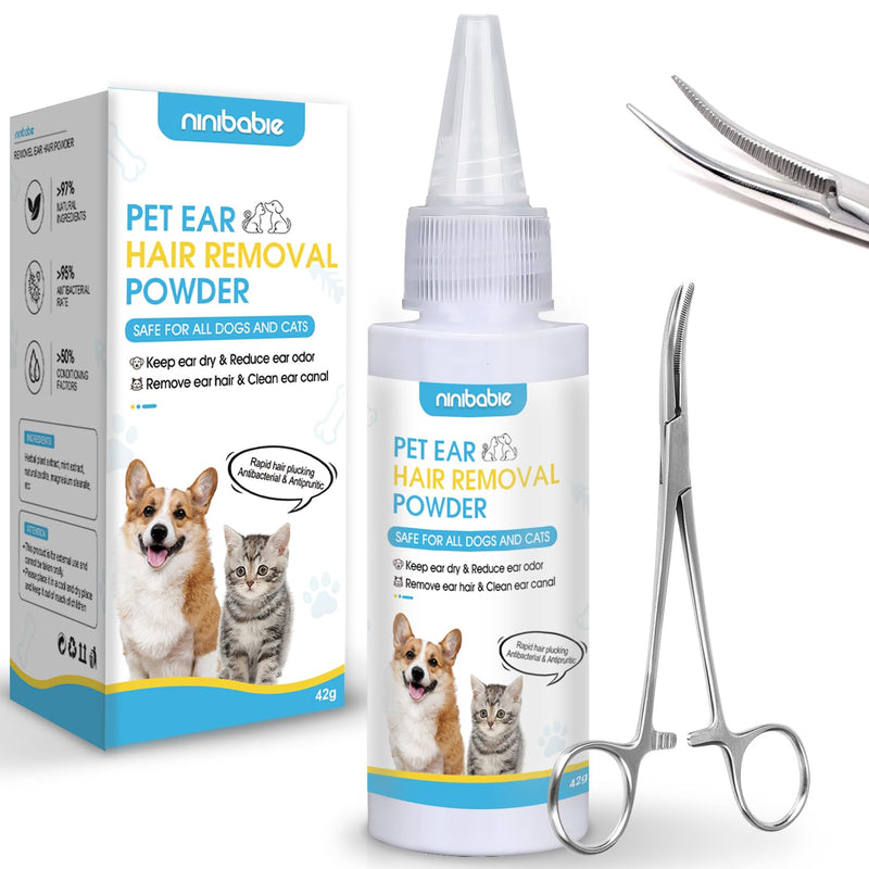 Dog Ear Powder for Hair Removal Kit – 42g Ear Powder for Dogs with Curved Grooming Tweezers, Helps Remove Excess Ear Hair & Reduce Odor for Poodles, Schnauzers, Shih Tzus & Other Breeds white