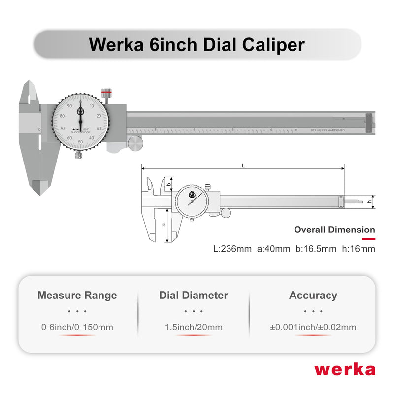 werka Dial Caliper 6 Inch, Shockproof Dial Caliper Measuring Tool with 0.001" Precision Micrometer Caliper with Custom Case, 4-Way Measurement, Stainless Steel 0-6x0.001"