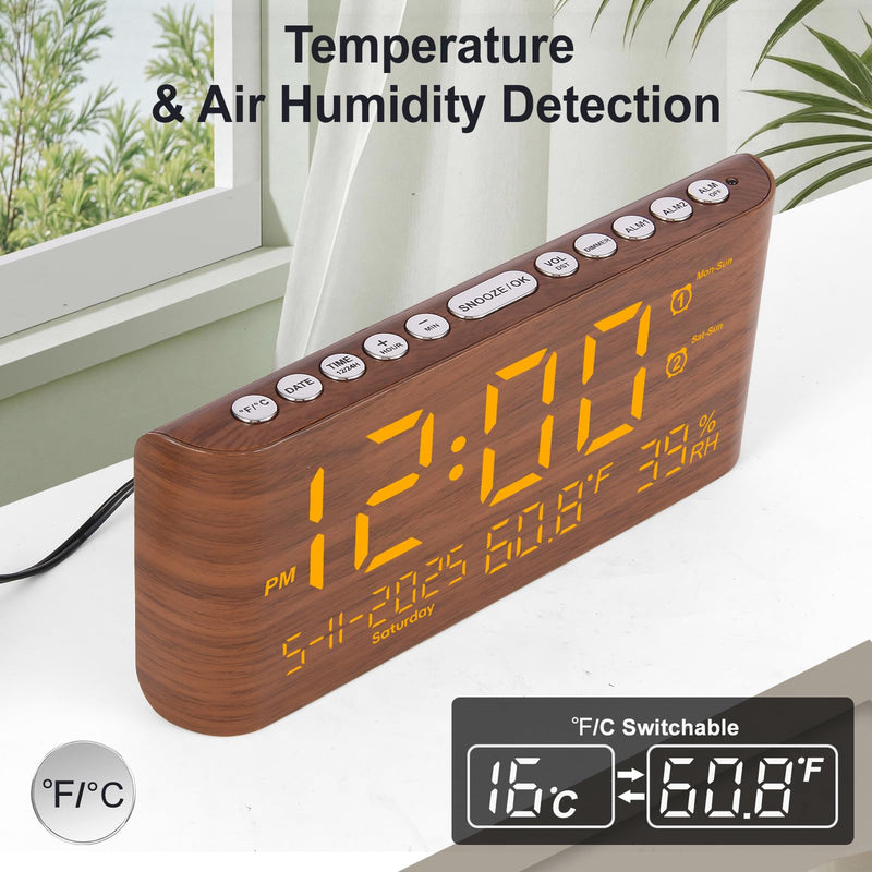 PPLEE 8.7inch Digital Alarm Clock for Bedroom-Digital Clock with Day of Week Month Year Humidity & Temperature Brightness Snooze 2 Alarm Clock & 2 USB Charger Desk Clock for Heavy Sleeper