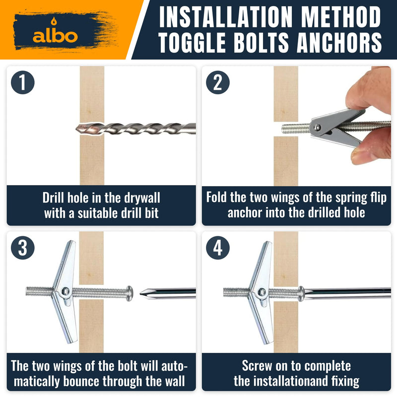 ALBO 25-Piece Heavy Duty Hollow Wall Anchors Kit for Drywall Ceilings with Screw Spring/Includes Toggle Bolts and Wing Nut Assortment in 3 Sizes (1/8in, 3/16in, 1/4in) 25pcs Spring Toggle with Screw Set
