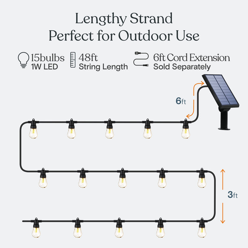Brightech Ambience Pro Solar Powered Outdoor String Lights, 48 ft Commercial Grade Waterproof Patio Lights, 15 Edison Bulbs, Shatterproof LED String Lights for Outside, Porch - 1W Soft White Bright 48 Feet