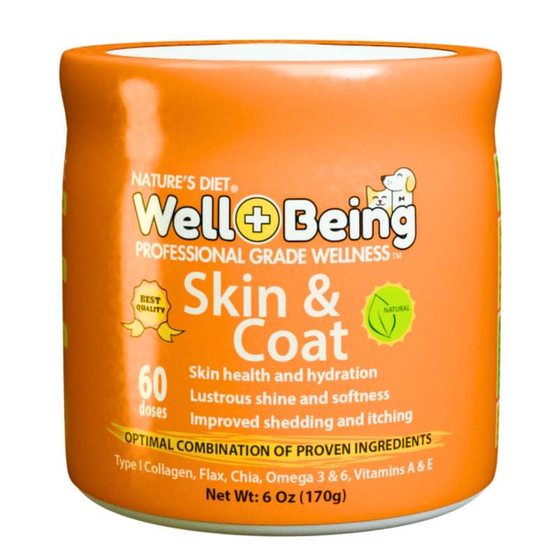 Nature’s Diet Well+Being Skin & Coat Supplement for Dogs & Cats – Collagen, Omega 3 & 6, Flax & Chia – Supports Healthy Skin, Shiny Coat & Reduced Shedding – 60 Doses (6 oz)