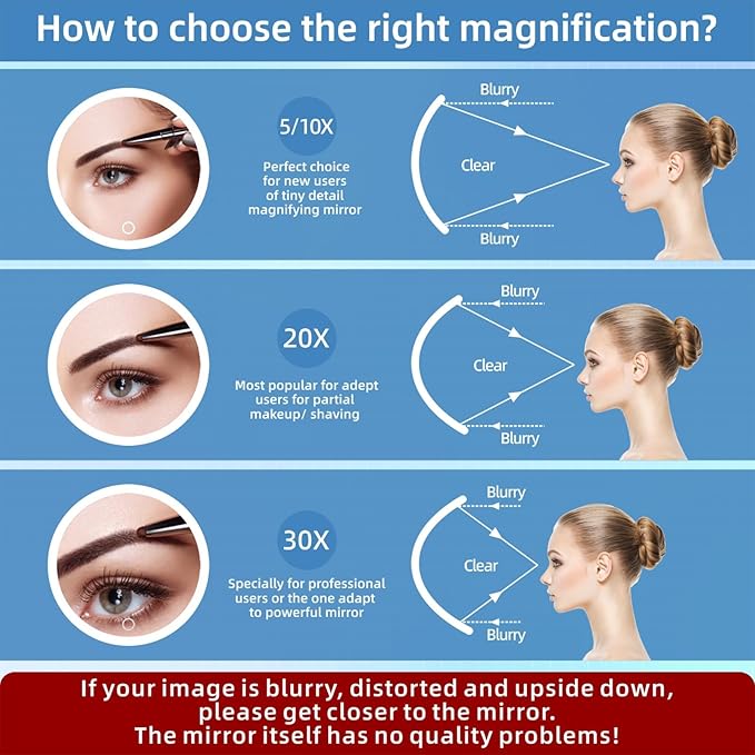 30X Magnifying Mirror with Lights, 30x Magnified Mirror with 3 Color Lights Adjustable Brightness, Rechargeable 6inch Travel Magnification with 3 Suction Cups - Includes Tweezers & Scissors White-30x 6"L x 6"W