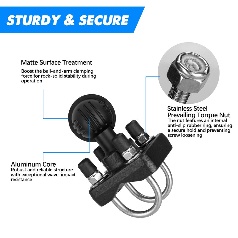 Double U-Bolt Fixed Base with 1.5" Ball. Suitable for Round Tubes and Half-Round Tubes with diameters ranging from 0.5in to 1.3in. Compatible C-Size 1.5-inch Ball Double Socket arm C-1.5"