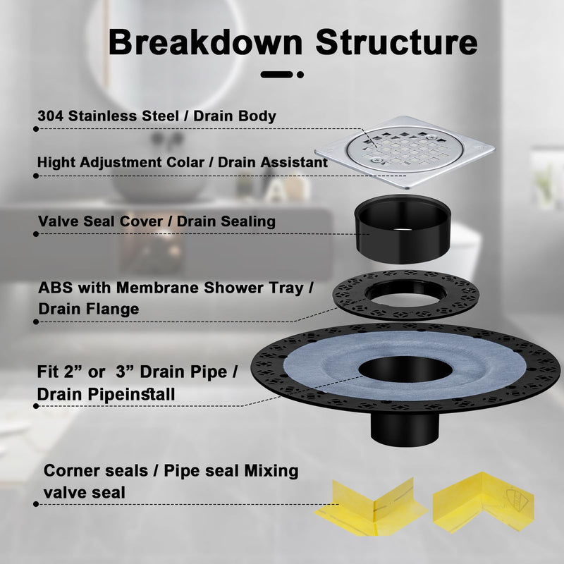 Shower Drain Flange Kit with Vertical ABS 2" Flange, ABS Pipe, Brushed CUPC