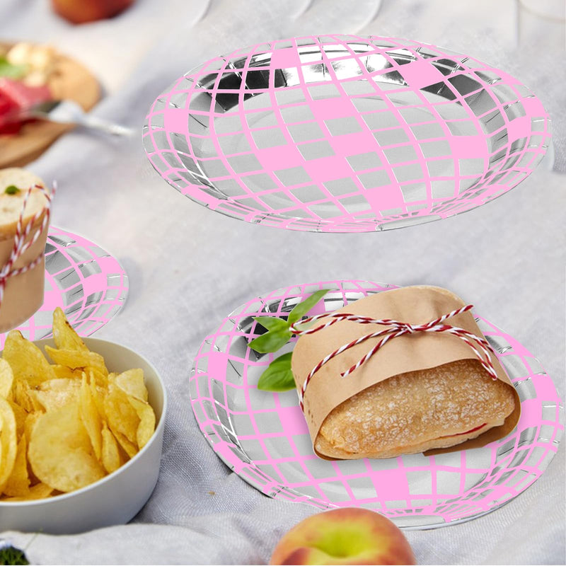 25P Disco Plates 7" Disposable Disco Ball Paper Plates for 70's Disc Party Supplies Birthday Wedding Party Decorations (Pink, 7IN25P) Pink