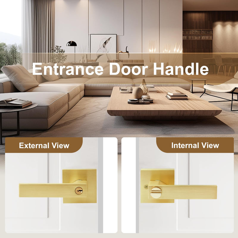 2 Pack Golden Polished Brass Door Lever with Lock and Different Keys,Unlock New Home Style，Reversible for Bedroom, Bathroom & Front Door 2 Pack
