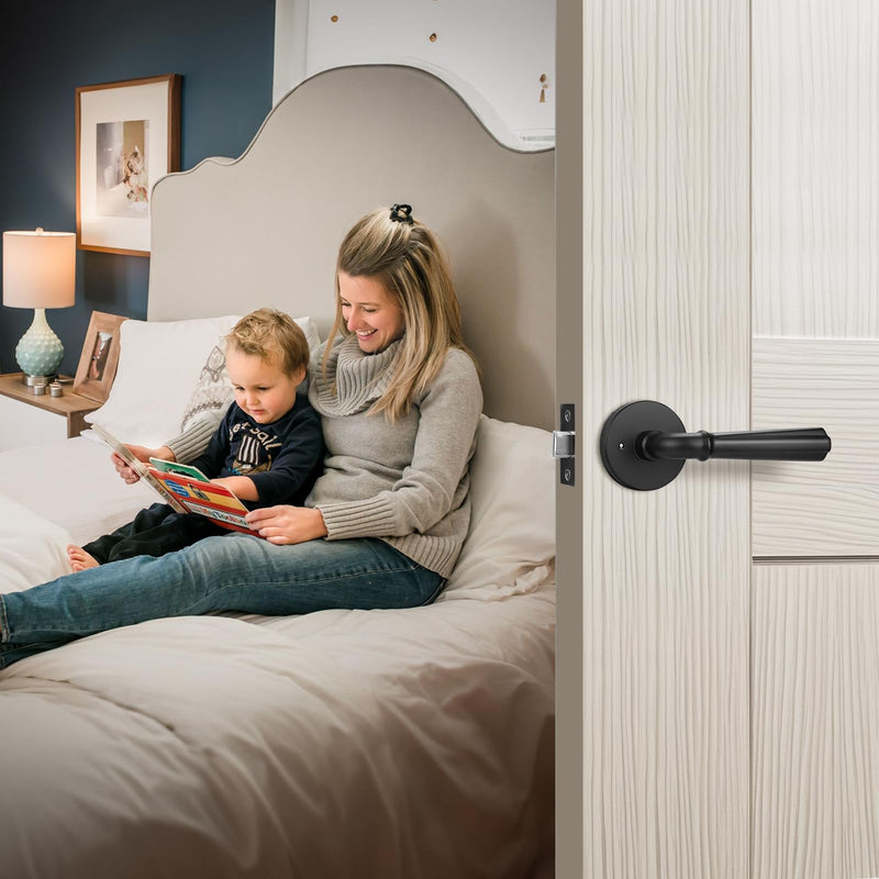 Orger 2 Pack Matte Black Interior Door Handle Round Privacy Door Lever Keyless, Bed and Bath Interior Door Lock Set Left & Right Hand Use, Modern Privacy Door Lock Black Finish, Stainless Steel