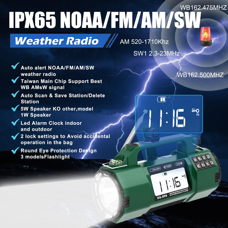 Emergency NOAA Weather Alert Radio, 5000mAh AM/FM Portable Radio with Solar, Hand Crank & AC Power, Replaceable Battery, Flashlight, SOS Alarm, Clock & Headphone Jack for Home & Outdoor Emergencies green Classic