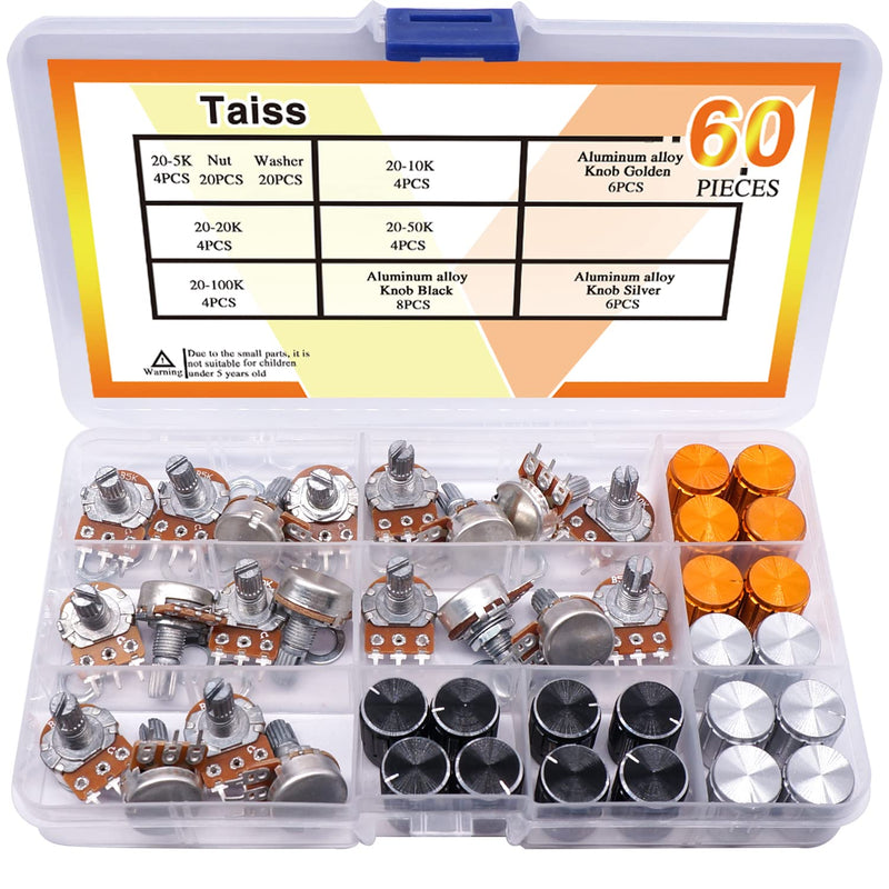 Taiss 80PCS Potentiometer Kit,WH148 B5K 10K 20K 50K 100K Ohm Single Linear Taper Rotary Audio B Type Potentiometers with Rotary knobs and Nuts, Washers