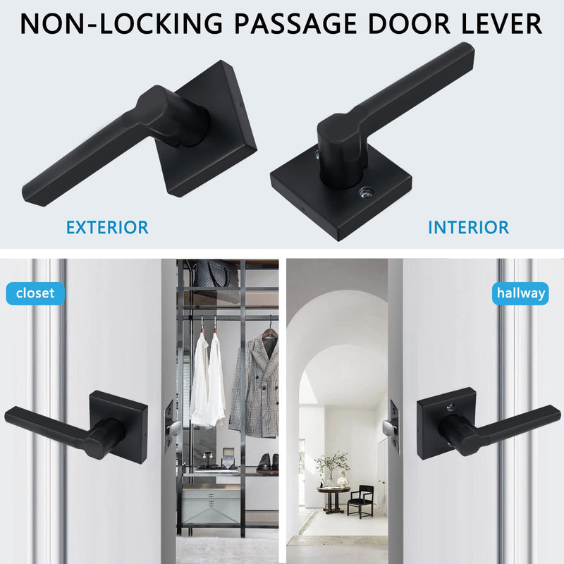 Passage Door Lever, No-Locking Hall/Closet Door Handle, Heavy Duty Lever Door Handle Interior, Matte Black Finish, Right&Left Handed (2Pack) 1601-PS-2P 2