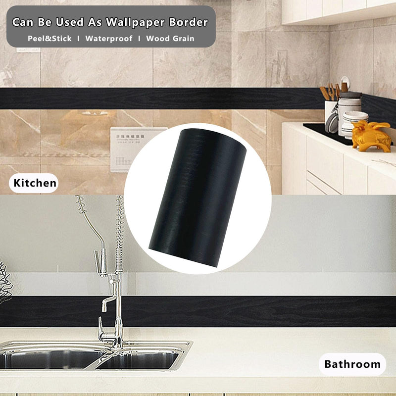 32FT Black Border Peel &Stick Black Wood Grain Wallpaper Border Removable Waterproof Bathroom Mirror Frame Sticker,3.94 Inches by 32.8 Ft