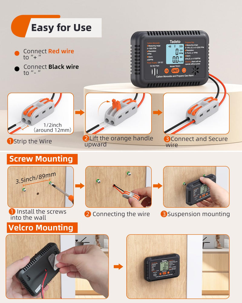 Tadeto RV Carbon Monoxide and Propane Gas Alarm, 12V DC Hardwired CO/LPG Gas Leak Alarm with Light and Audible Indicator, RV Propane Detector with Reset/Backlight for RV/Trailer/Camper Black