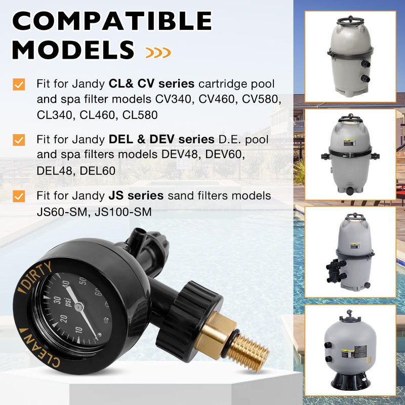 Air Gauge Release Valve Assembly Compatible with CV & CL, DEV & DEL, JS Series, Air Relief and Pressure Gauge Replacement for Zodiac Jandy Pool and Spa Filters, Replaces R0357200, 1/4" mpt, 0-60psi