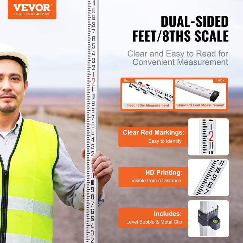 VEVOR Aluminum Grade Rod, 9-Feet/8ths 3 Sections Telescopic Measuring Rod, Double-Sided Scale 1/8in Leveling Rod Stick,Aluminum Alloy Survey Rod with Bubble Level &Carrying Bag for Houses,Walls,Floors 9 FT-8ths