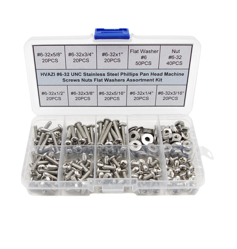 #6-32 UNC Stainless Steel Phillips Pan Head Machine Screws Nuts Flat Washers Assortment Kit #6-32UNC