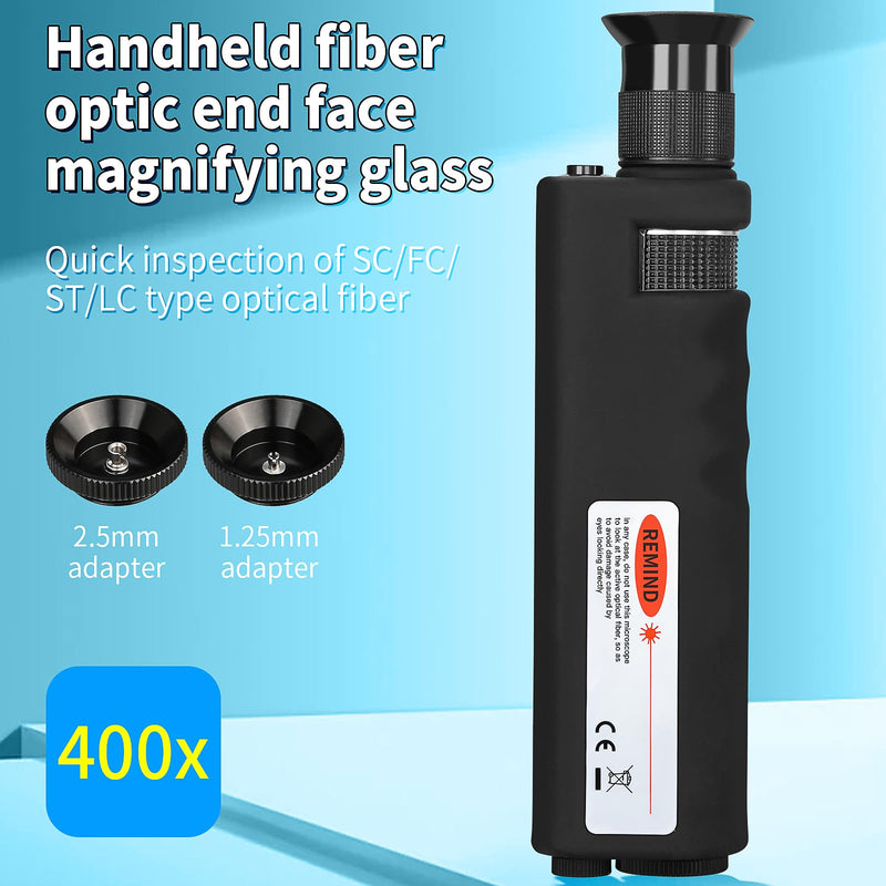 3-piece Fiber Optic Cleaning Tool 400X Fiber Optic Microscope with 2.5mm SC/FC/ST and 1.25mm LC adapters, Belt 2.5mm/1.25mm Fiber Optic Cleaning Cotton Swab Suitable for SC/FC/ST/LC/MU adapters