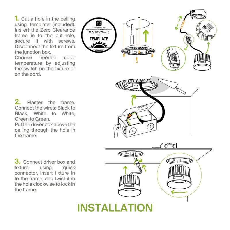 ASD 2 Inch Trimless Gimbal LED Recessed Ceiling Light Fixture, Adjustable Directional Downlight with Junction Box, 5CCT 2700K-5000K, 8W 717 Lumens, CRI90+, Anti-Glare, Dimmable, IC & Wet Rated, ETL 1 White Gimbal 1 Pack 2" 8 Watt