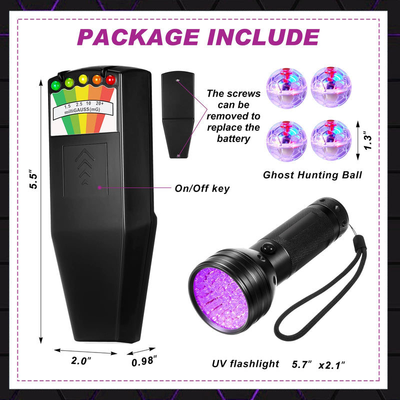 Dunzy 6 Pcs Ghost Hunting Equipment Kit Include 1 Emf Meter 1 UV Flashlight and 4 LED Light up Pet Cat Ball Ghost Investigation Paranormal Equipment for Home Office Inspections Gifts(Strong Light) Strong Light