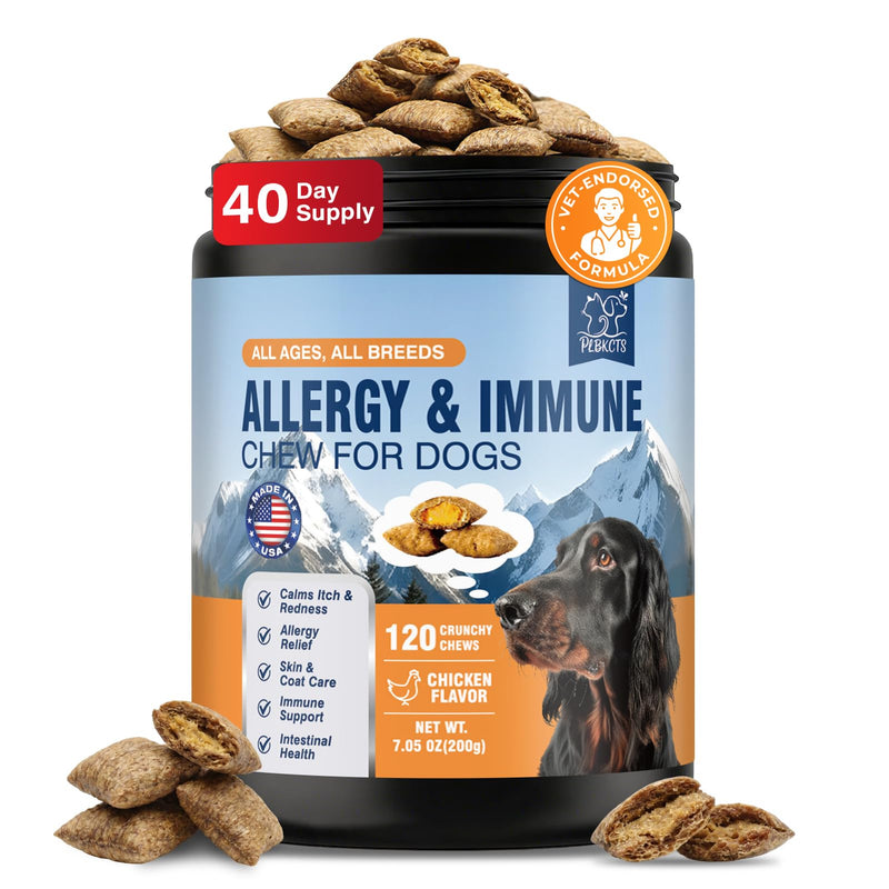 Dog Allergy Chews-120 Crunchy & Creamy Chews, anti-Allergy & Itching Skin Relief Bites Immune Support, with Omega 3 Fish Oil Probiotics for Seasonal All Issues Allergies Made in USA Chicken Flavor 120 counts