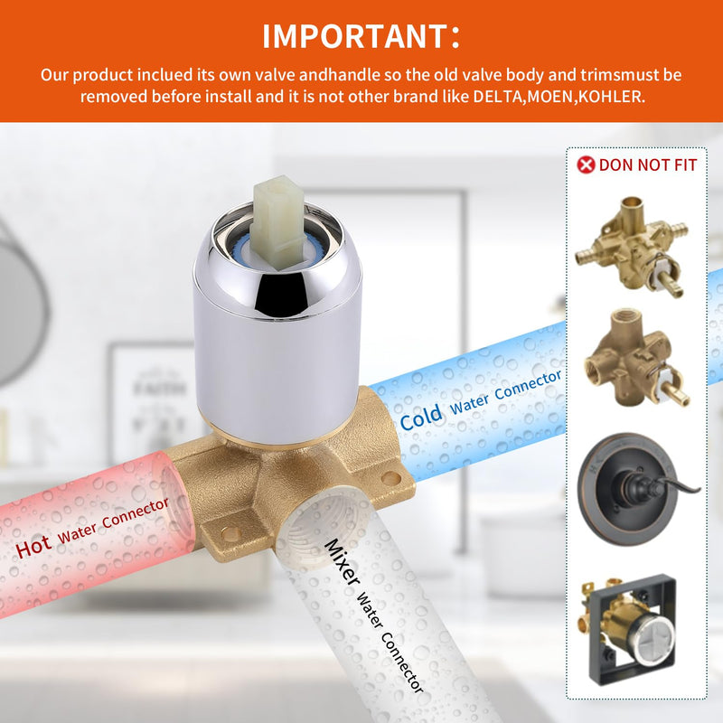 Shower Valve Handle Trim Kit Rough-in Control Valve, Chrome Wall Mount Rough-in Single Function 1 Way Valve, NPT1/2 Female Thread, Bathroom Fixture, Single Handle Shower Valve Trim Kit