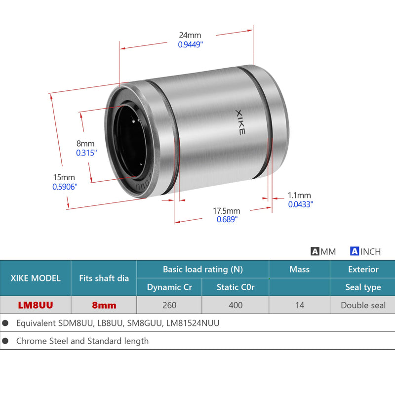 XIKE 4 Pcs LM8UU Sealed Linear Ball Bearings 8x15x24mm, Fits DIY/3D Printer/Workbench/CNC, M3 Rod Shaft Guide Linear Motion System and SCS3UU Block Slide Bushing. LM8UU 8x15x24mm