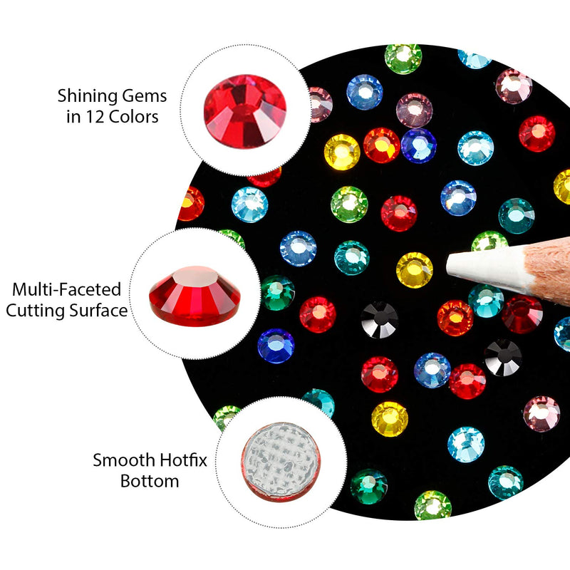 9000 Pieces Hotfix Rhinestone 3 Sizes 12 Colors Flatback Round Glass Gemstone Crystal Iron On Rhinestones Glass Stones with Tweezers and 1 Picking Pen for DIY Manicure, Face Art Clothes Bags SS6~SS16