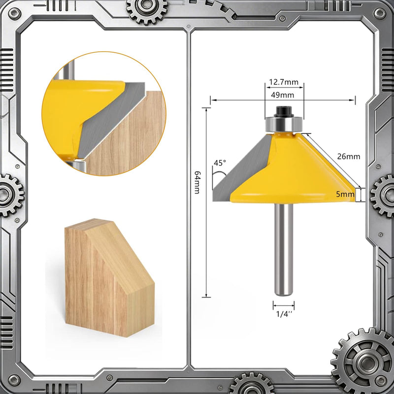 5PCS Chamfer Router bit Set, 1/4 Inch Shank Chamfer bit with 11.25, 15, 22.5, 30, 45 Degree Bevel Edge Forming Woodworking Tools