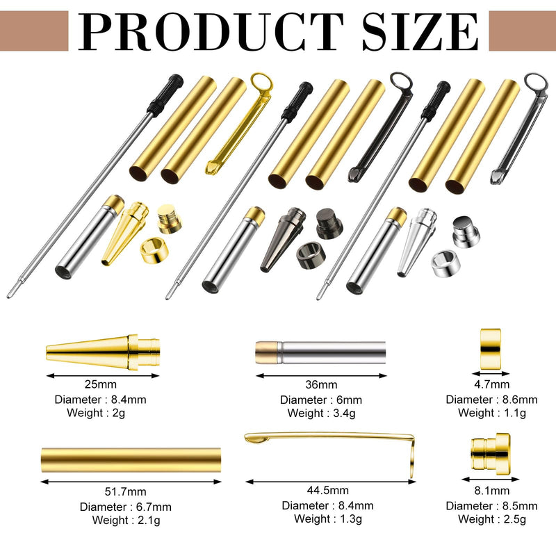 Colarr 30 Pcs Slimline Pen Kit Wood Turning Twist Pen Kit with Refill Lathe Turning Supplies for DIY Making Office Supplies Friend Gifts(Black, Silver, Gold) Black, Silver, Gold