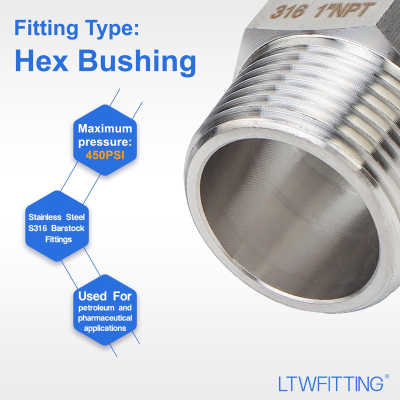 LTWFITTING Bar Production Stainless Steel 316 Pipe Hex Nipple Fitting 1" Male NPT Water Boat (Pack of 5)
