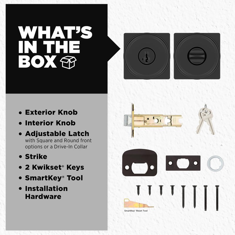 Kwikset Maven Entry Door Knob with Lock and Key, Secure Keyed Handle Exterior, Square Front Entrance and Bedroom, Matte Black, Pick Resistant SmartKey Rekey Security and Microban 1 Pack Keyed Entry