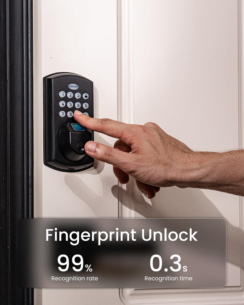 DESLOC A100F Keypad Fingerprint Door Lock, Keyless Entry Door Lock, Smart Lock Deadbolt for Front Door, Easy Installation, Emergency Power Port,12 Months Battery, IP54 Waterproof, 5 Keys No Handle