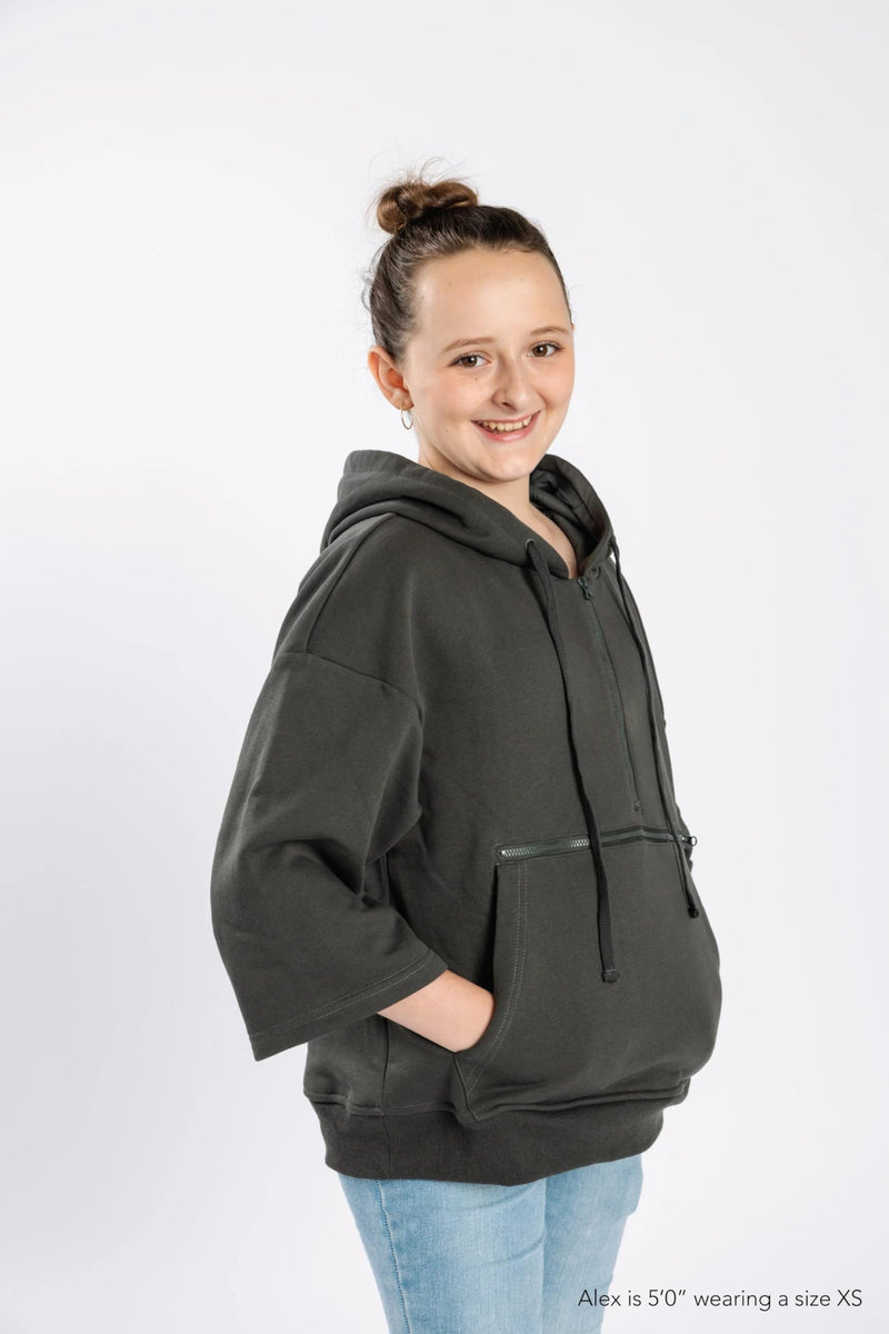 Spoonie Threads Adult 3/4 Sleeve Half-Zip Access Hoodie for Chest Port, Abdomen, Chemo, Insulin Pumps, & Post-Surgery X-Large Black