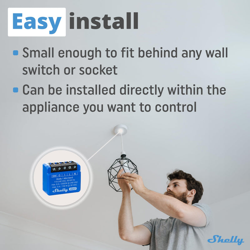 Shelly 1 Mini Gen3 | WiFi & Bluetooth Smart Switch Relay 1 Channel 8A | Home Automation | Compatible with Alexa & Google Home | iOS Android App | No Hub Required | Dry Contacts