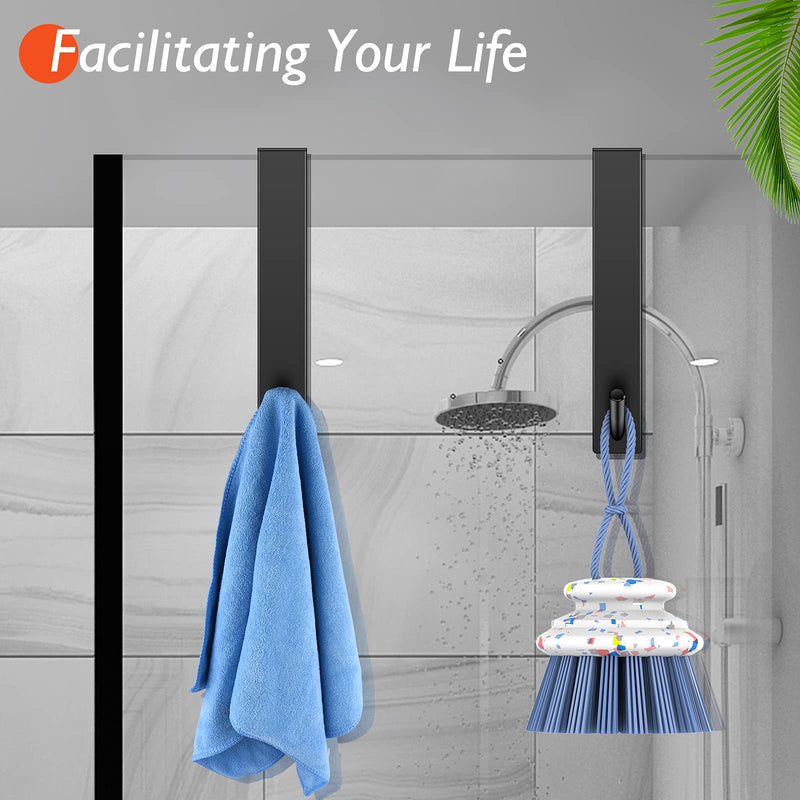 Shower Door Hooks(7.5 Inch),Extended Over Door Hooks for Bathroom Frameless Glass Shower Door,Stainless Steel Towel Hooks,Heavy Duty Rack Hooks for Robe,Towel-2 Pack-Black Black 7.5IN-2 Pack