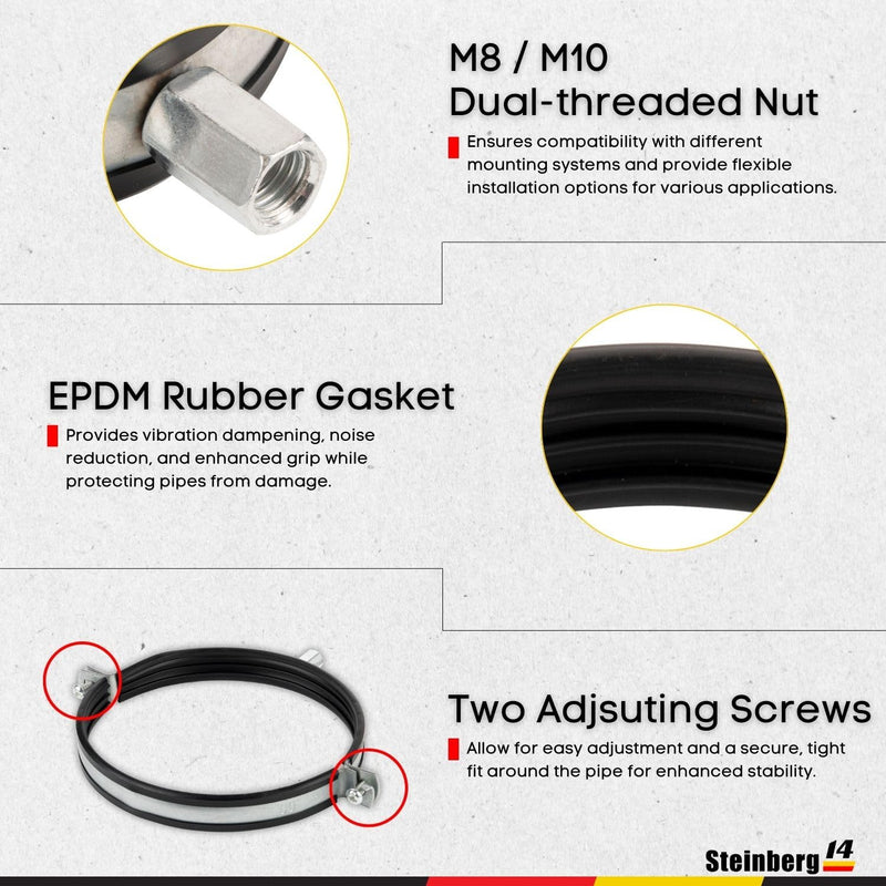 5pcs, Duct Clamp 6.3 inch Bracket with rubber gasket, M8/M10 Thread, Steel Pipe Hanger 6.3 inch for Spiral Duct, Ventilation Pipe, Downpipe, Pipe holder Wall or Ceiling Mount, by Steinberg14 6 Inch 5