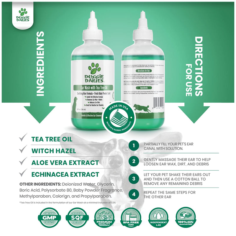 Doggie Dailies Cleansing Ear Wash for Dogs with Tea Tree Oil & Soothing Aloe Vera
