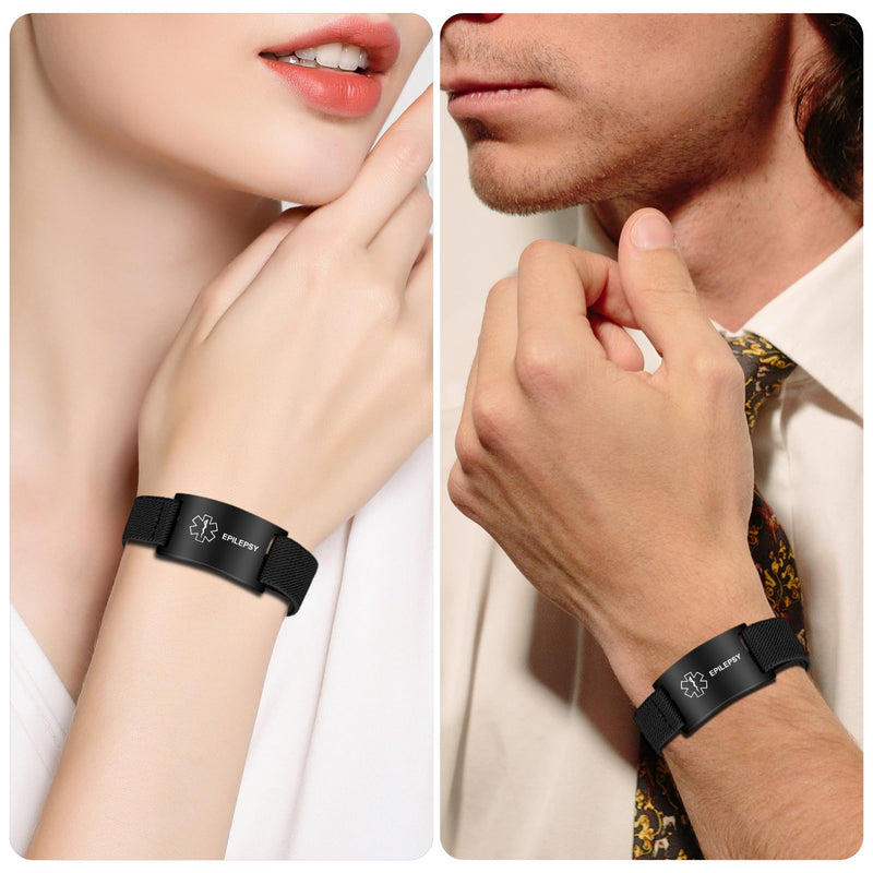 Medical Alert Bracelet for Women Men, Adjustable Medical Alert ID Wristband for Diabetic D.N.R Pacemaker Epilepsy Black