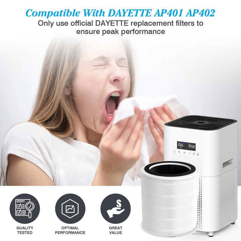 Original H14 Replacement Filter Compatible with DAYETTE Air Purifier AP401 AP402, 4-in-1 H14 Grade True HEPA, High-Efficiency Activated Carbon Original Filter