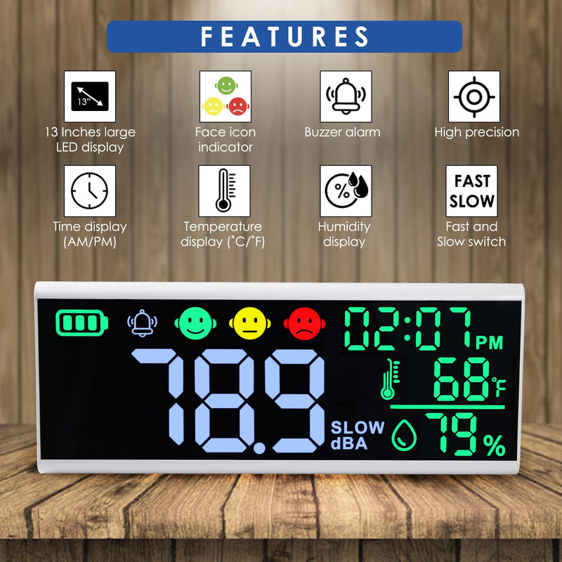 Decibel Meter 13 inches Sound Decibel Meter, Wall Hanging and Desktop Sound Level Meter Large LED Noise Meter Displays Decibel Time Temperature Humidity with Buzzer & Icons Alarm for Classroom Studio