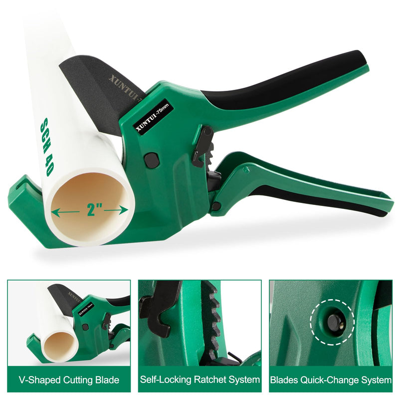 Professional PVC Pipe Cutter 2.5 inch (75mm), Heavy Duty Dark Green Ratchet Tubing Cutter for 2-1/2" Schedule 40 80 PVC, PEX & ABS, Industrial One-Handed Cutting Tool for Irrigation & Plumbing