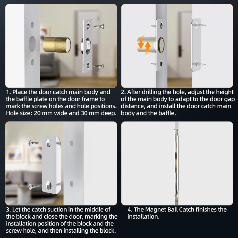 Closet Door Ball Magnetic Catch, Jiayi 2 Pack French Door Latch Hardware, Silver Ball Catch Top of Door Adjustable Hidden Latch Drive in Ball Latch for Invisible Closet Pantry Magnetic Lock Closing