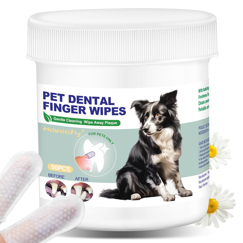 Pet Teeth Cleaning Finger Wipes for Dogs & Cats, Dog Dental Wipes for Removing Plaque and Tartar Buildup, No-Rinse Disposable Gentle Cleaning & Gum Care Pet Wipes, 50 Counts
