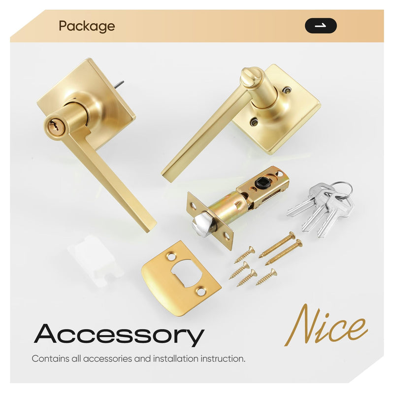 Leydebong 2 Pack Keyed Entry Lever Lock, Square Sleek Door Handle with Keys Gold Entry Lever for Office & Exterior Door Keyed Alike Door Handle Satin Brass